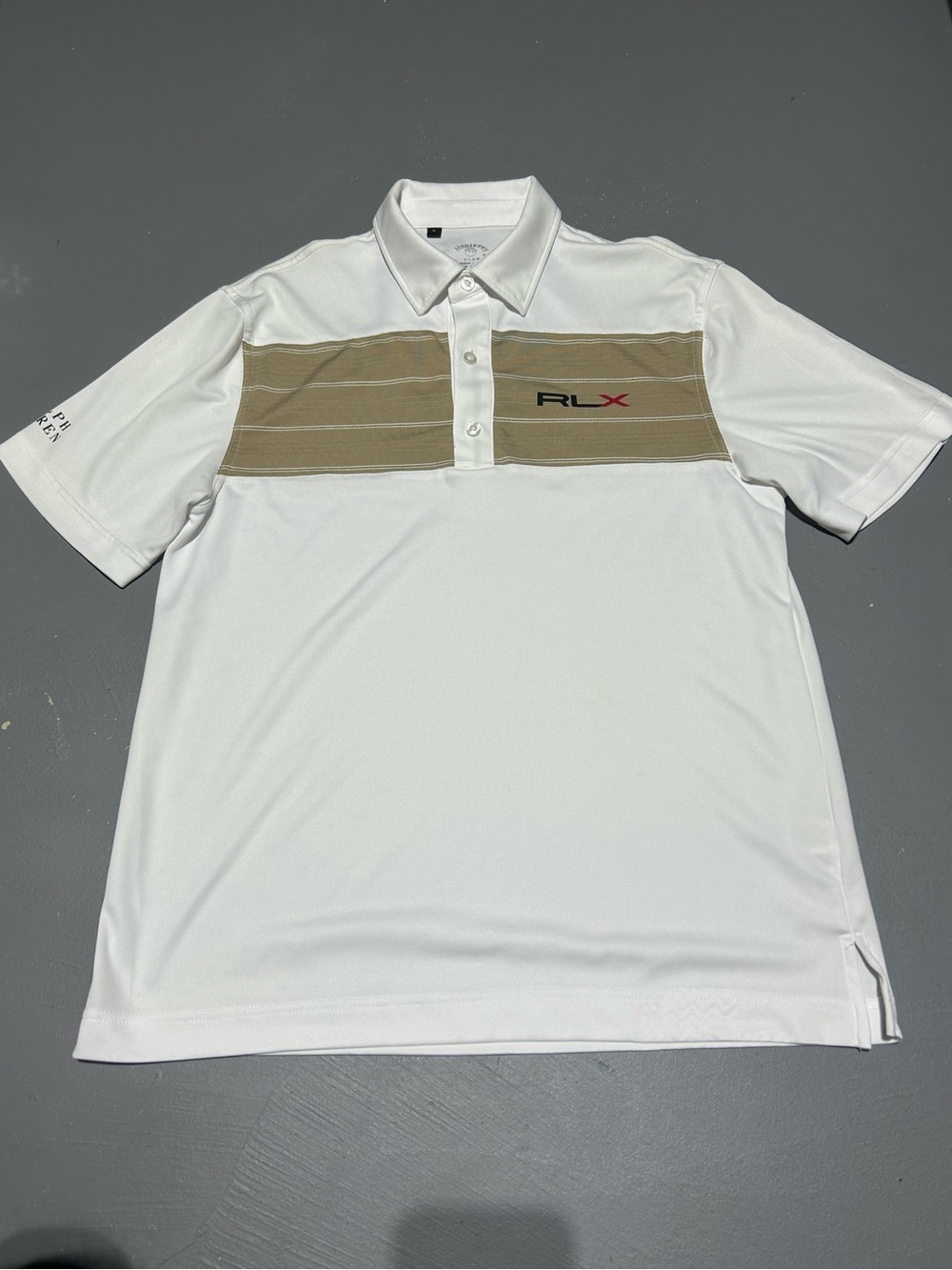 Monterey Club White with Tan Accent Performance Polo Shirt (Men’s Size Medium)